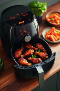 Ultra-realistic still life of an air fryer with golden-brown fries and chicken wings, set on a wooden kitchen counter with a rustic design. The background features a cozy kitchen with wooden cabinets and a warm, inviting atmosphere, ensuring maximum quality and clarity --chaos 100 --ar 2:3 --style raw --stylize 1000 Job ID: 8ee4a7b1-ca3f-462d-93a3-b4068aba7a9f